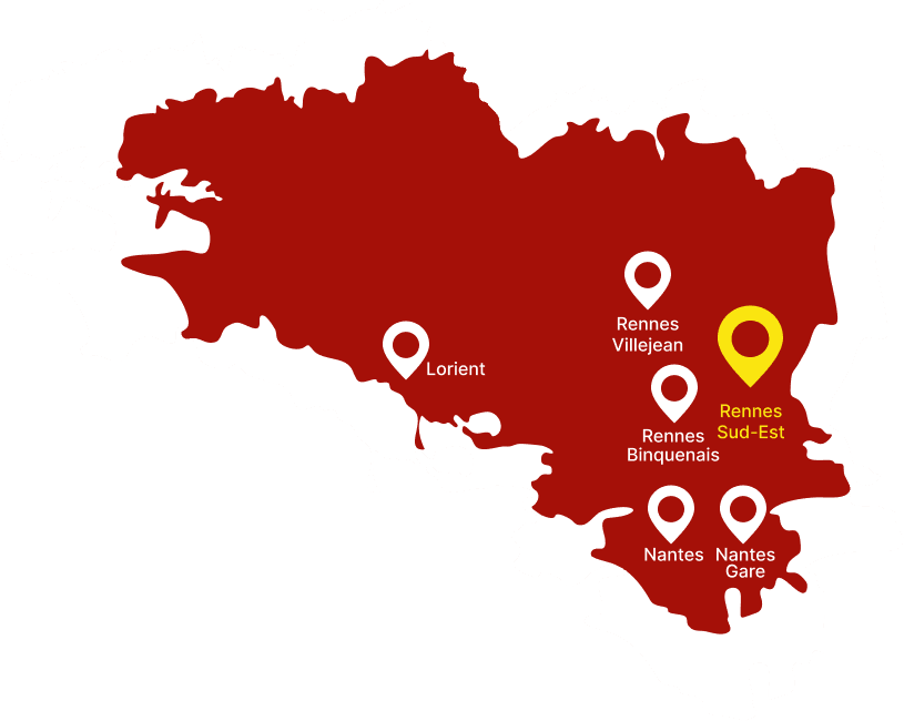 Carte de la Bretagne avec les restaurants Amour de Pizza : Lorient, Rennes Villejean, Rennes Binquenais, Rennes Sud-Est, Nantes et Nantes Gare